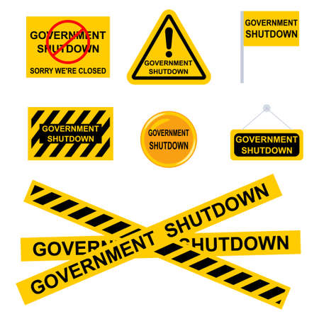 Government shutdown sign. Vector set of black-and-yellow flags, icons, ribbons, stickers isolated on white background.のイラスト素材