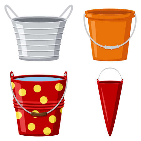 Metal and plastic buckets collection. Vector cartoon flat set of pails with water and empty for garden and home isolated on white background.のイラスト素材