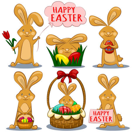 Happy easter bunny set. Vector cartoon collection rabbit character with colored eggs, basket and flowers for the holiday.のイラスト素材