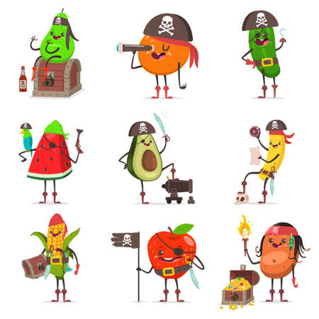 Funny pirate fruit in hat with skull and crossbone, eye patch, sword, cannon, spyglass, map, parrot, flag, chest with treasure. Cute sea robber vector cartoon character isolated on white background.のイラスト素材
