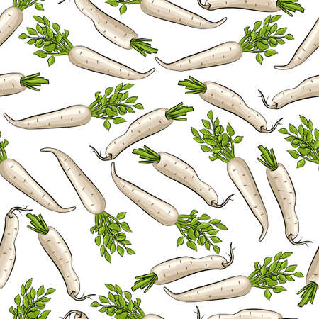 Daikon radish vector seamless pattern on a white background for packing, wrapping, labels and backdrop. Vegetables texture.のイラスト素材