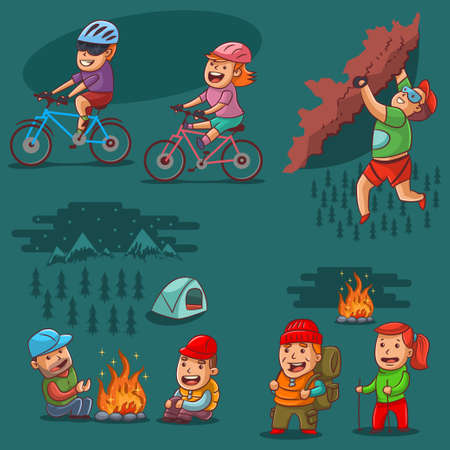 Hiking vector set. Cartoon illustration of a man and a woman on a camping, mountain climbing, active lifestyle, cycling, weekend in the forest by campfire.のイラスト素材