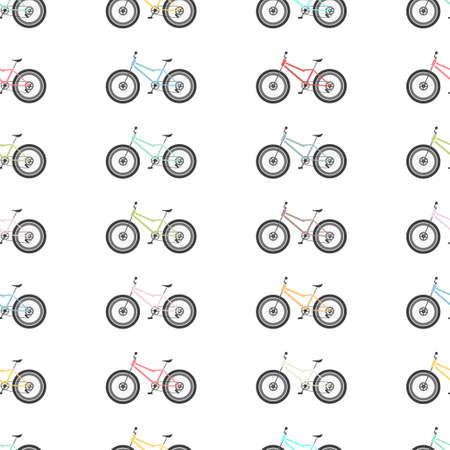 Fat bike of different colors vector seamless pattern isolated on white background for wallpaper, wrapping, packing, and backdrop. Sport texture.のイラスト素材