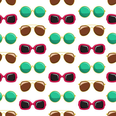 Sunglasses of different shapes and colors vector seamless pattern isolated on white background for wallpaper, wrapping, packing, and backdrop. Summer and fashion texture.のイラスト素材