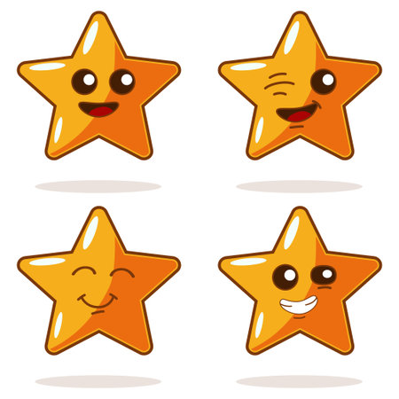 Cute cartoon star with different emotions vector icons set. Illustration of a funny character isolated on white background. Kawaii face emotions.のイラスト素材
