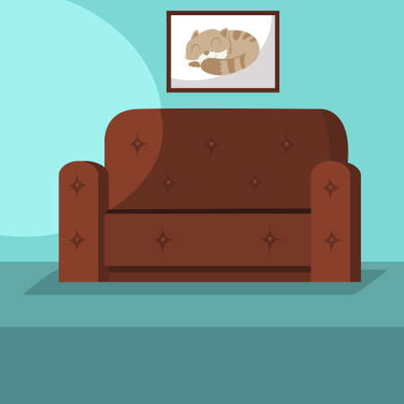 Brown sofa in the interior of the living room. Vector illustration of couch for lounge and picture with cat on wall.のイラスト素材