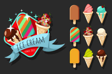 Ice cream vector cartoon set of different shapes and tastes: cone and on stick, vanilla, chocolate, fruit, with sprinkling and others. Logo design template and icons isolated on the background.のイラスト素材