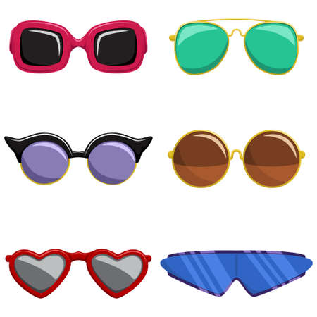 Sunglasses vector set. Fashion and retro style glasses in plastic colorful frame of different shapes. Cartoon icons isolated on white background.のイラスト素材