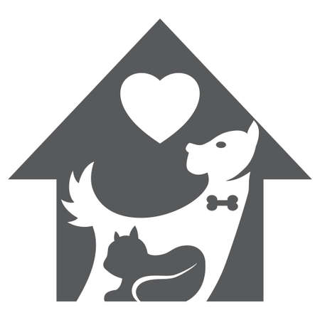 Pet shop vector logo, icon. Silhouette of a dog and a cat in an animal house with a heart isolated on a white background.のイラスト素材
