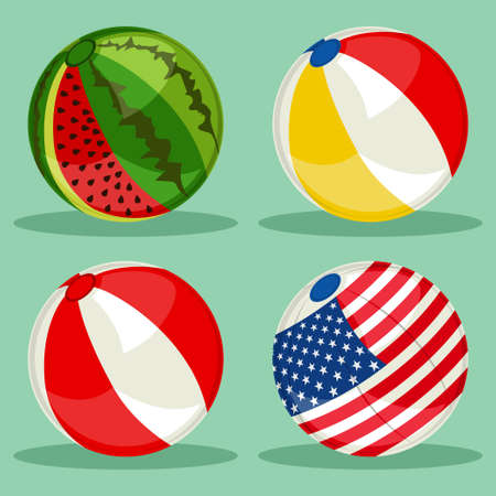 Beach ball set with patterns of the american flag, watermelon and classic colors. Vector cartoon flat icons isolated on background.のイラスト素材