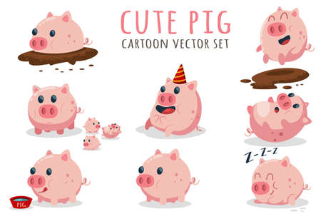 Cute cartoon pig vector set. Illustration with farm animal in different poses isolated on white background.のイラスト素材