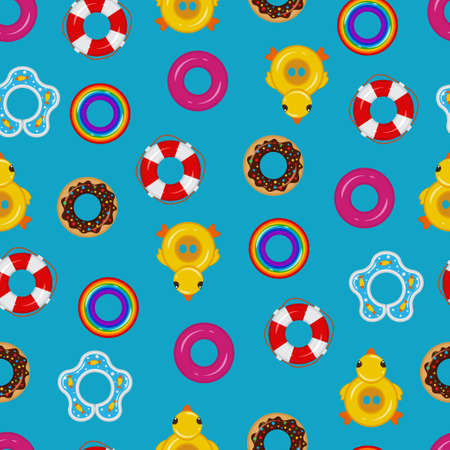 Inflatable float rubber ring vector seamless pattern on a blue background for wallpaper, wrapping,...