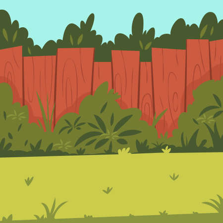 Backyard with wooden fence, garden, bushes and tree. Vector cartoon illustration.のイラスト素材