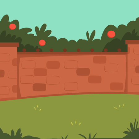 Home backyard with brick fence, garden and apple tree. Vector cartoon illustration.のイラスト素材