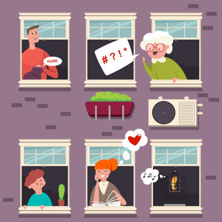 Neighbors in the windows. People character with a speech bubble. Vector cartoon flat illustration of man, woman, grandmother, kid, cat and bird in wood casement in a brick building.のイラスト素材