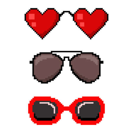 Pixel art sunglasses. Vector 8 bit game web icon set isolated on white background.のイラスト素材