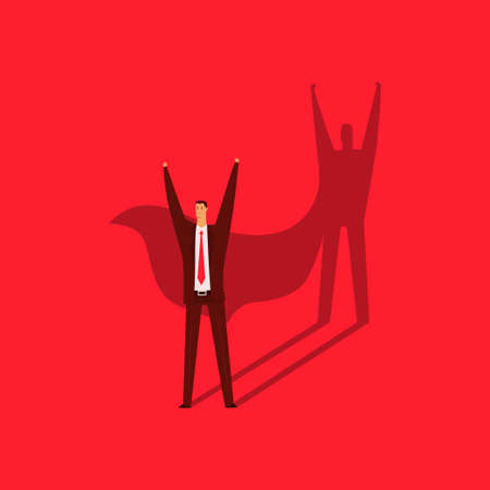 Businessman with a shadow of a superhero. Vector cartoon flat business concept illustration of leadership and success isolated on red background.のイラスト素材