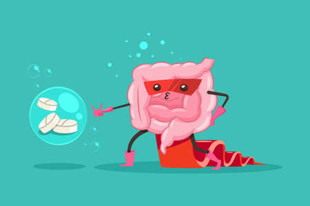 Funny Intestine in superhero costume and mask with a clothes. Cute gut with pills vector cartoon flat character illustration isolated on background.のイラスト素材