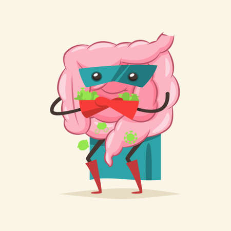 Funny Intestine in superhero costume. Cute gut embraces probiotics and good bacteria. Vector cartoon flat character illustration isolated on background.のイラスト素材
