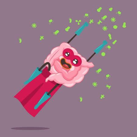Funny Intestine in superhero costume and mask with a clothes. Cute gut vector cartoon flat character illustration isolated on background.のイラスト素材
