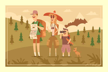 Family hiking adventure. Dad with map, mother with camera, son with binoculars and kayak and cute dog. Vector cartoon flat illustration of people on a landscape with a mountain.のイラスト素材