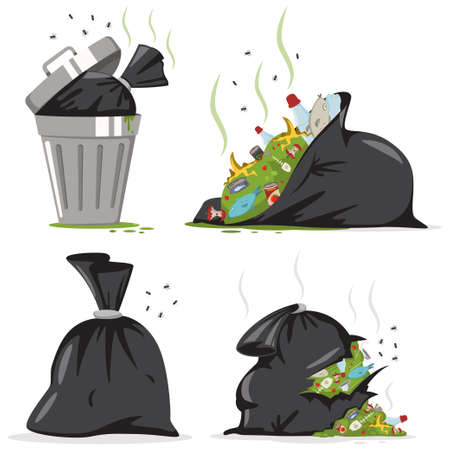 Trash can and black bag with plastic and food waste. Garbage vector cartoon set isolated on white background.のイラスト素材