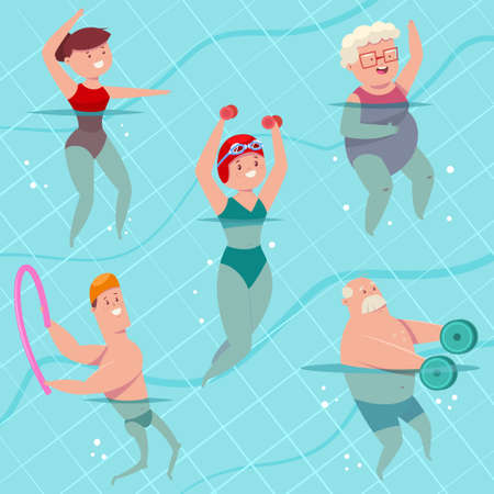 Group aqua aerobics in swimming pool. Young and elderly men and women doing aquagym exercise. Vector cartoon fitness people character isolated on a background. Healthy lifestyle set.のイラスト素材