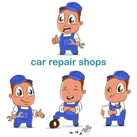 Car repair shop vector set of auto car mechanics in different poses. Cartoon character of workman for design.のイラスト素材
