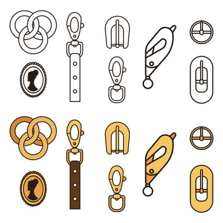 Carabiner buckles for tourism, belts, chains, necklaces and bracelets. Vector cartoon flat icons set isolated on white background.のイラスト素材