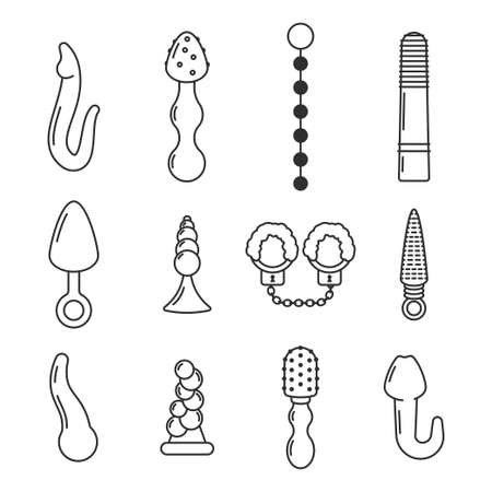 Sex toys vector simple linear icons set isolated on white background.のイラスト素材