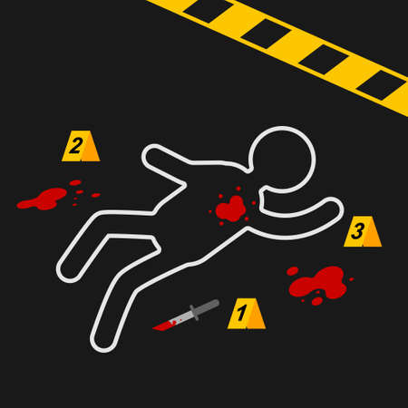 Crime scene with a dead body circled in chalk. Vector cartoon illustration.のイラスト素材
