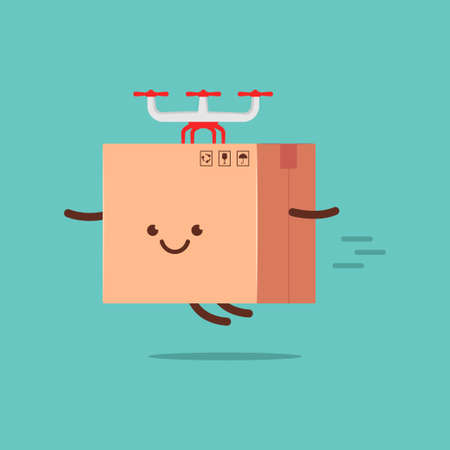 Cute delivery box with drone quadcopter vector cartoon character isolated on background.のイラスト素材