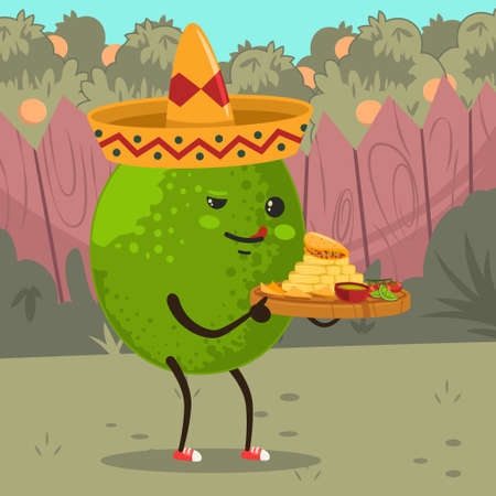Funny Lime in sombrero holds a wooden cutting board with mexican food. Cute vector cartoon character of fruit on a backyard.のイラスト素材