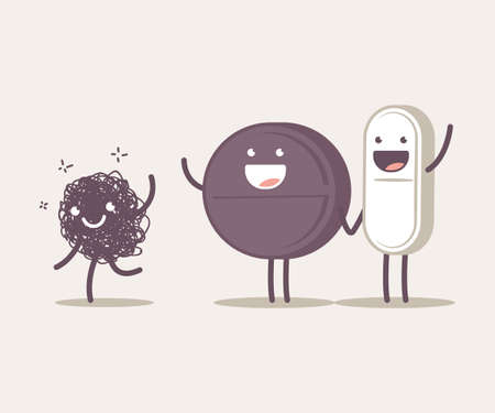 Medical tablet, pill and virus vector cartoon cute characters isolated on background.のイラスト素材