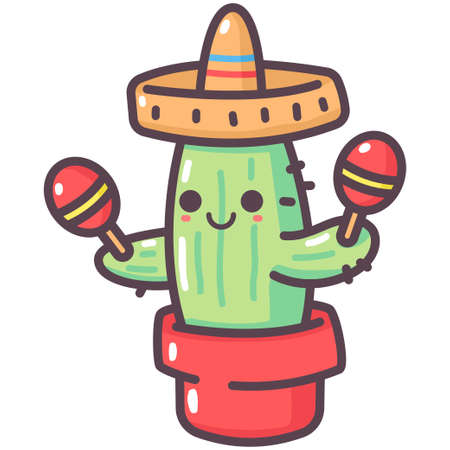 Cute cactus in mexican hat and maracas vector cartoon character isolated on a white background.のイラスト素材