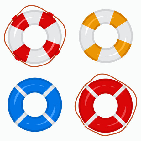 Lifebuoy ring for swimming pools, the sea, oceans, rivers, lakes. Vector icon set top view isolated on a white background.のイラスト素材