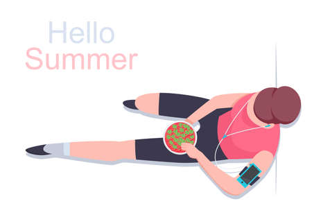 Hello summer concept illustration. Girl with headphones eating a strawberry vector flat illustration top view.のイラスト素材