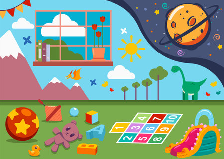 Kindergarten room with kids toys, window and painted walls. Child playroom vector cartoon illustration.のイラスト素材