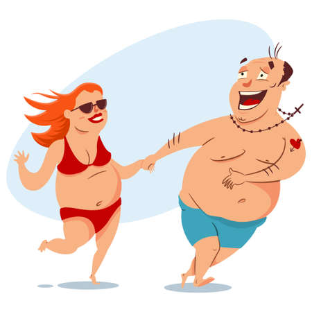 Happy fat couple on the beach in swimsuits.のイラスト素材