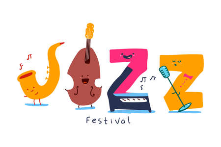Jazz festival cartoon letter characters with different emotionsのイラスト素材