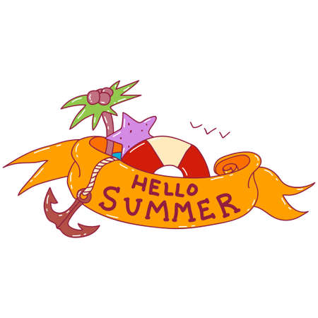 Hello summer with ribbon banner, lifebuoy, palm tree and anchor cartoonのイラスト素材