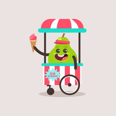 Cute Pear vendor ice cream in the cart. Vector cartoon funny fruit character isolated on background.のイラスト素材