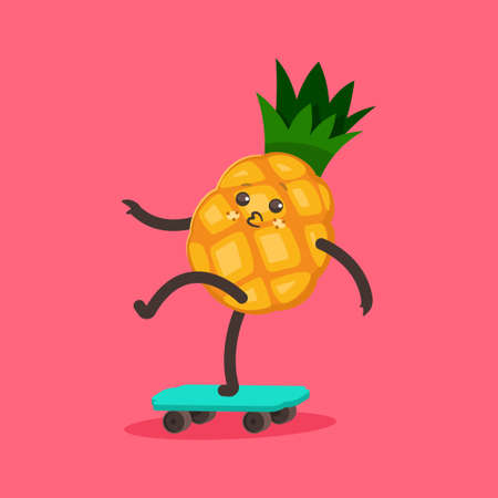 Funny pineapple on a skateboard. Vector cartoon cute fruit character isolated on background.のイラスト素材