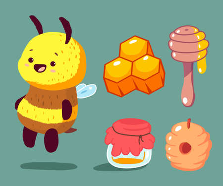 Cartoon bee with honey vector set isolated on background.のイラスト素材