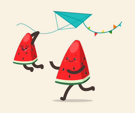 Watermelons fly a kite. Father and son fruit spend together rest. Vector cartoon funny characters isolated on background.のイラスト素材