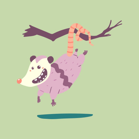 Cute possum hanging on a branch tree vector cartoon character isolated on background.のイラスト素材