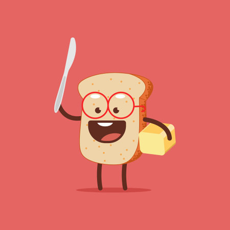 Cute toast with butter and knife. Funny bread vector cartoon character isolated on a white background.のイラスト素材