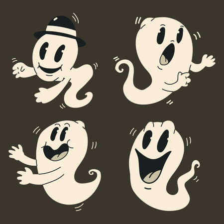 Cute cartoon ghosts vector set. Halloween funny vintage character monster isolated on background.のイラスト素材