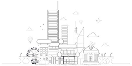 Outline city landscape vector illustration isolated on a white background.のイラスト素材