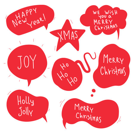 Christmas speech bubble with greeting quotes vector doodle set isolated on a white background.のイラスト素材